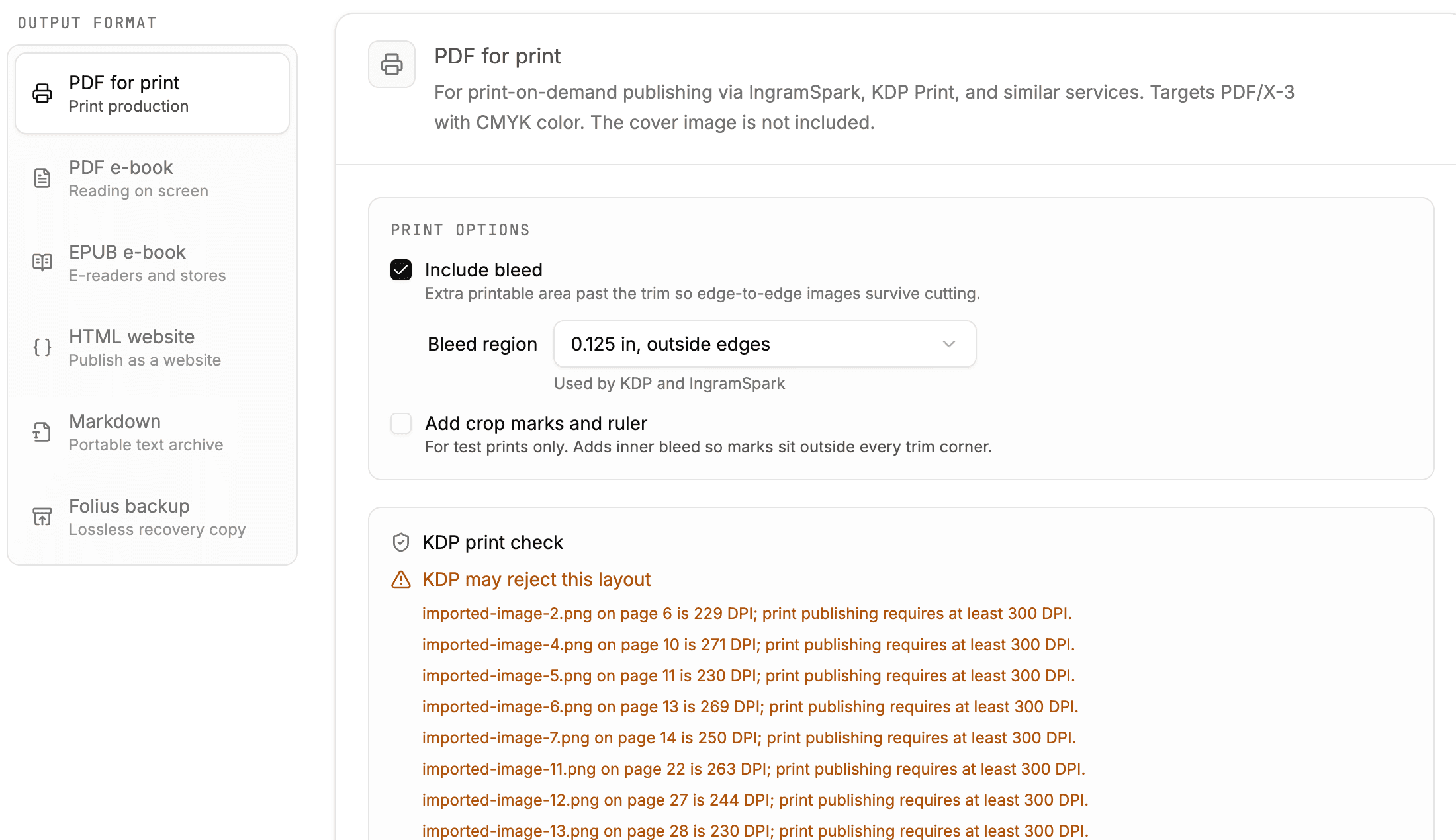 Folius export screen listing six available output formats