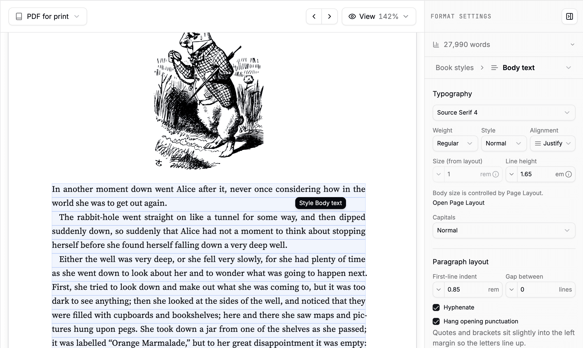 Body text selected in a print preview beside its typography and paragraph controls