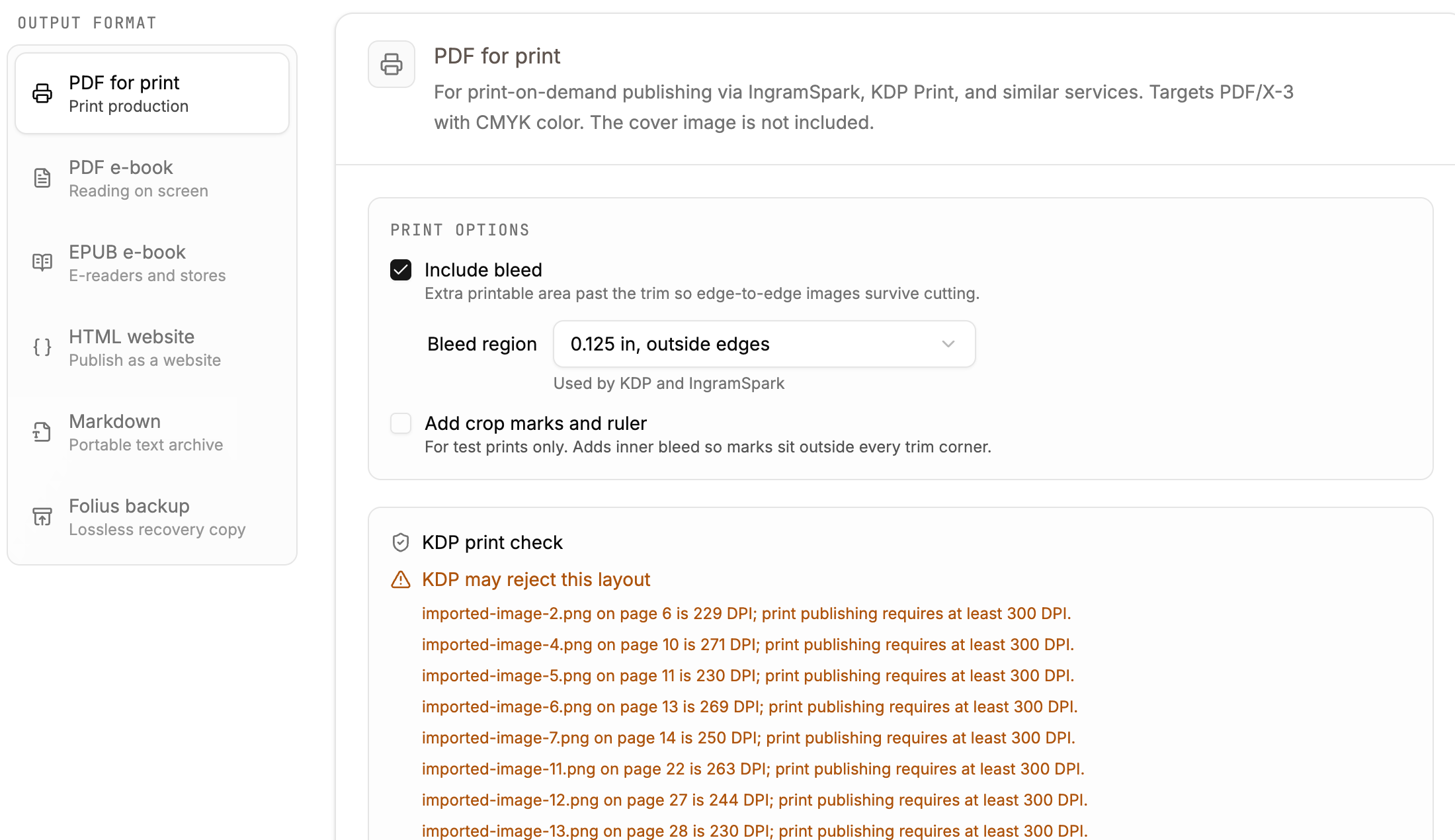 Folius print export showing output formats, bleed controls, and KDP image-resolution warnings
