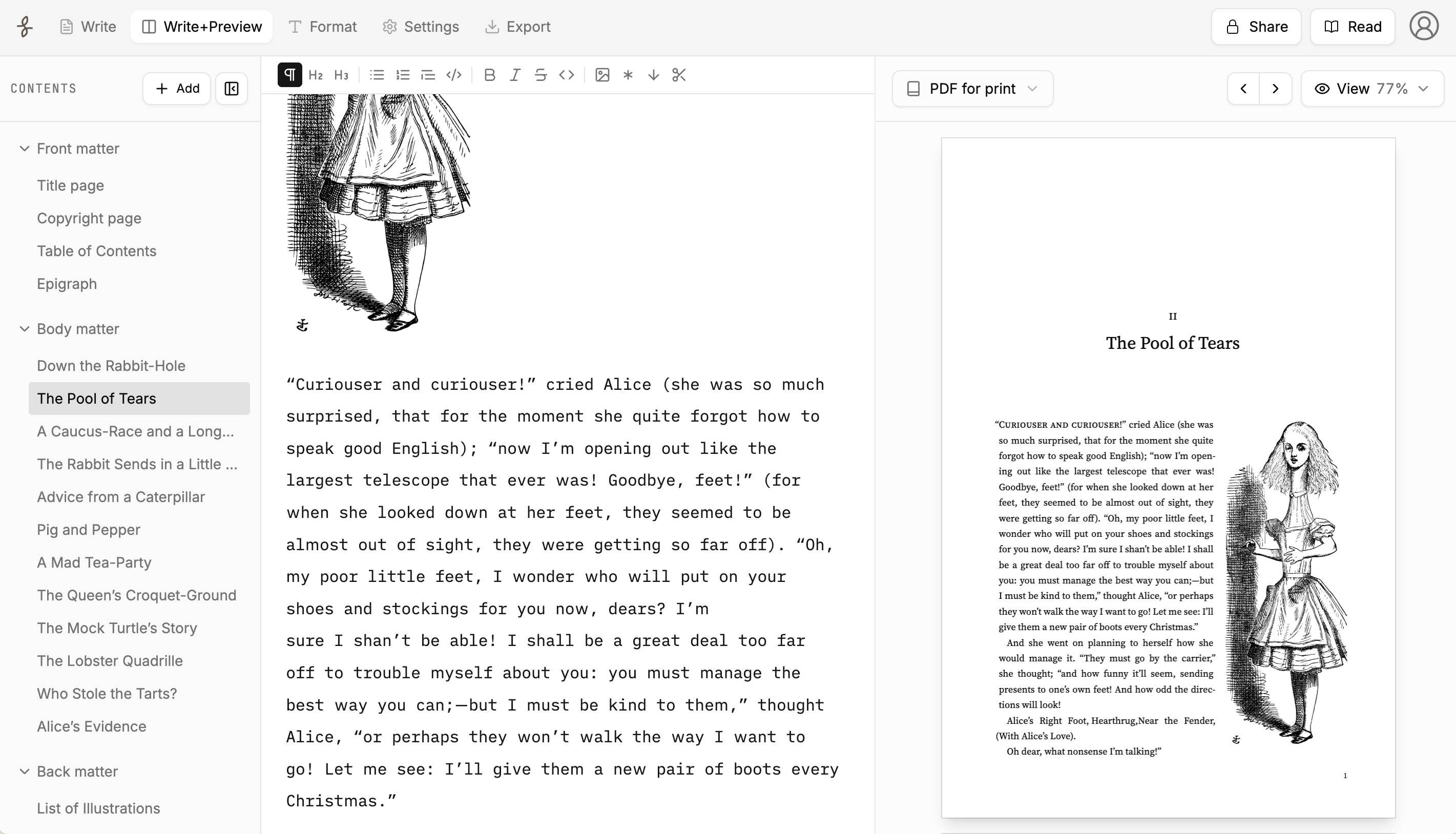 An Alice in Wonderland manuscript and its formatted print preview shown side by side in Folius